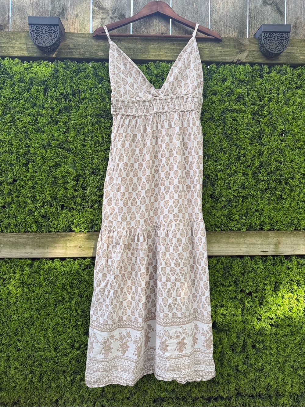 Sim & Sam Cream and Tan Printed Linen Blend  Maxi Dress NWOT